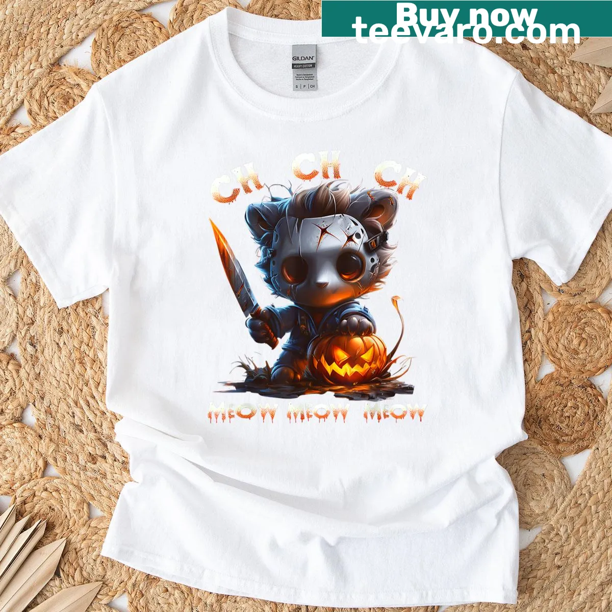 Halloween cat-themed t-shirt with horror movie phrasing — on a men's t-shirt