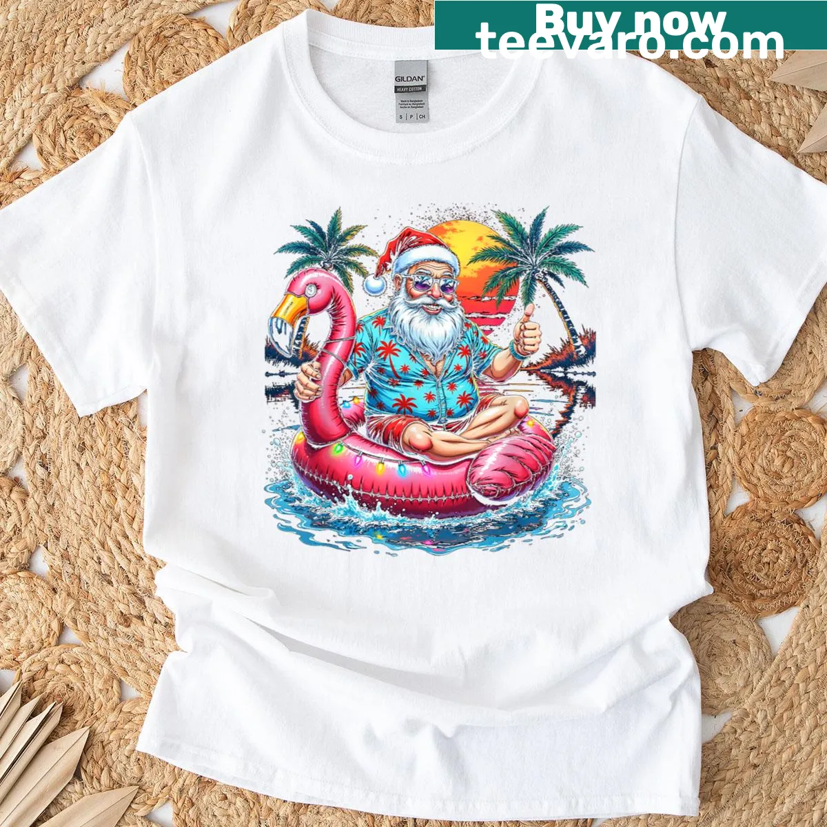 T-shirt featuring Santa and flamingo in a festive design — on a men's t-shirt