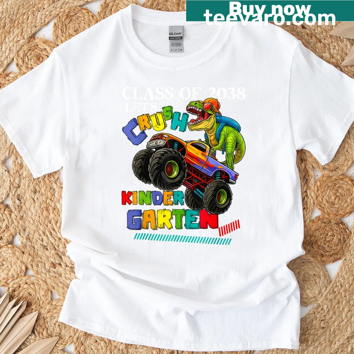 Funny dinosaur graphic T-shirt with kindergarten graduation theme — on a men's t-shirt