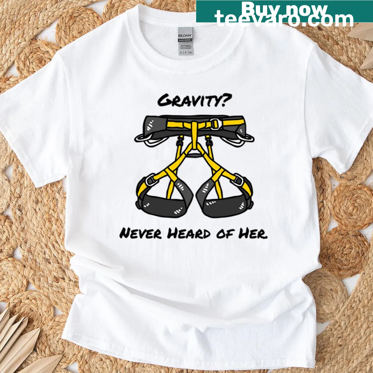 Funny climbing quote T-shirt about gravity — on a men's t-shirt