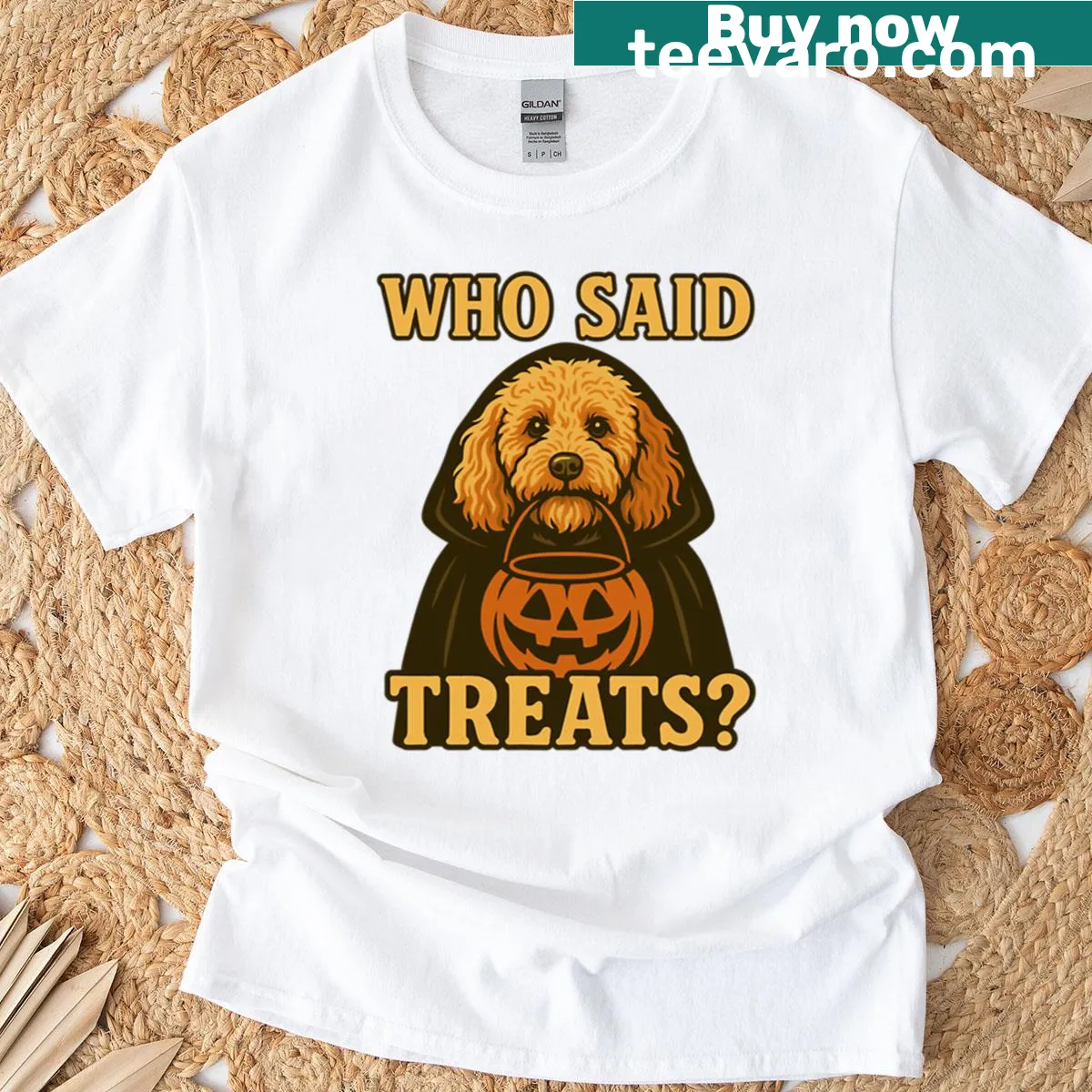 Cockapoo Halloween t-shirt with witch costume illustration — on a men's t-shirt