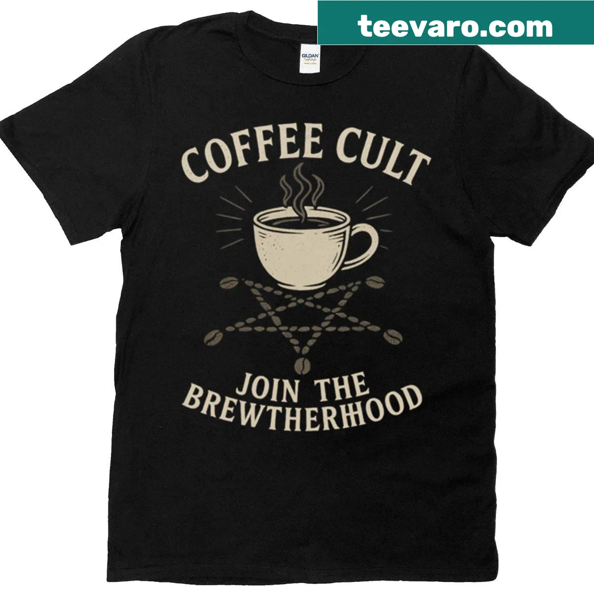 Playful 'Coffee Cult - Join The Brewtherhood' typography graphic — on a men's t-shirt