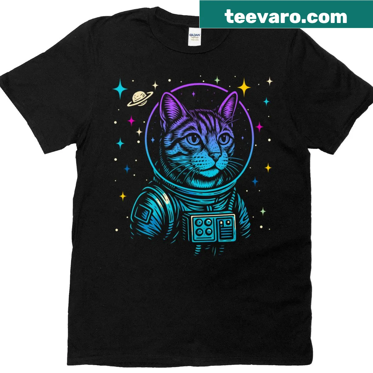 Astronaut tabby cat design on a T-shirt for cat lovers — on a men's t-shirt