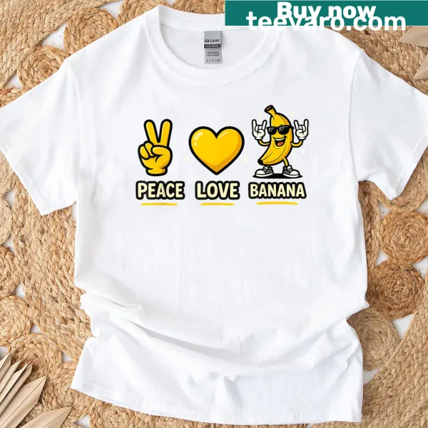 Cute banana graphic T-shirt with peace and love text