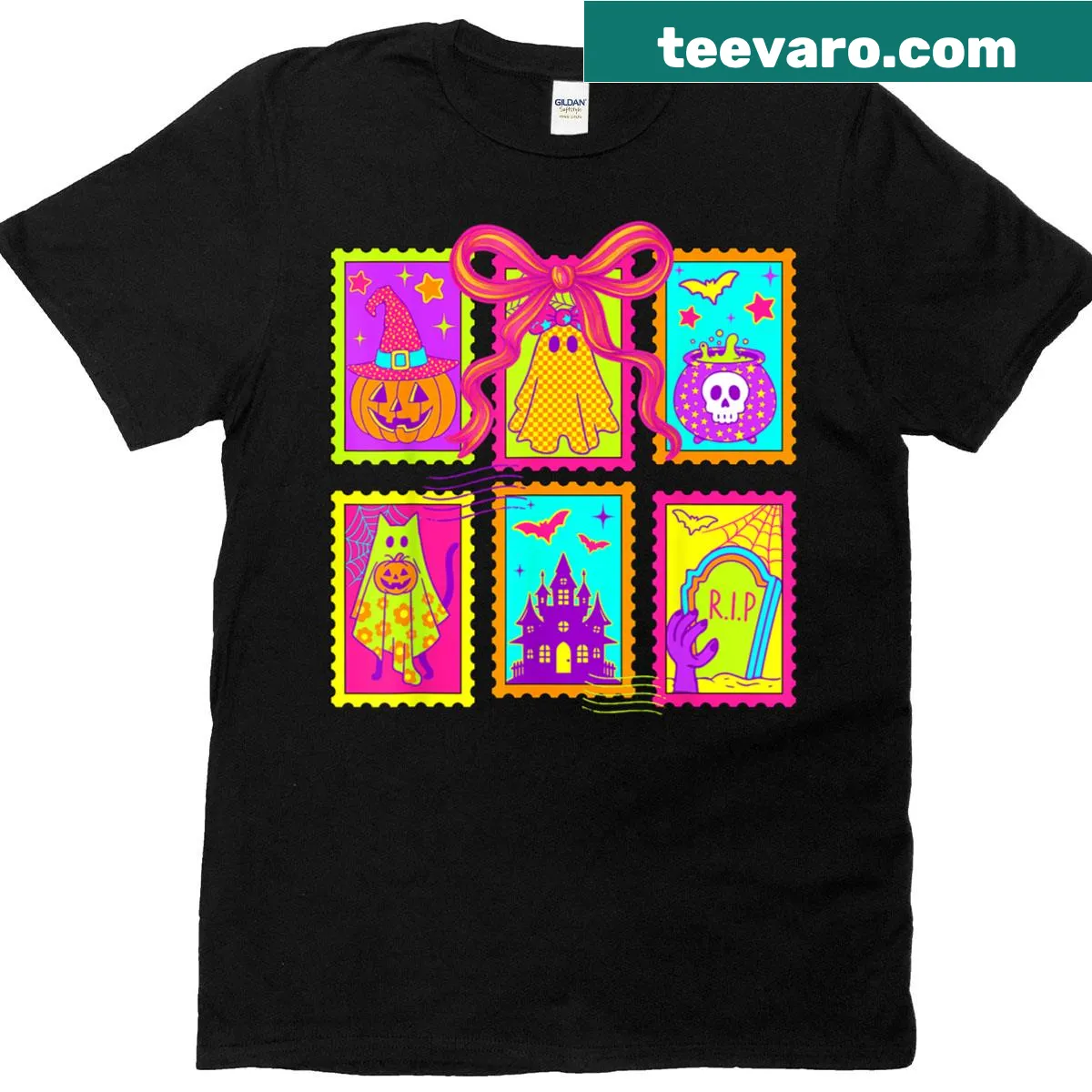 Cute Halloween design featuring ghost cat and pumpkins on a t-shirt — on a men's t-shirt