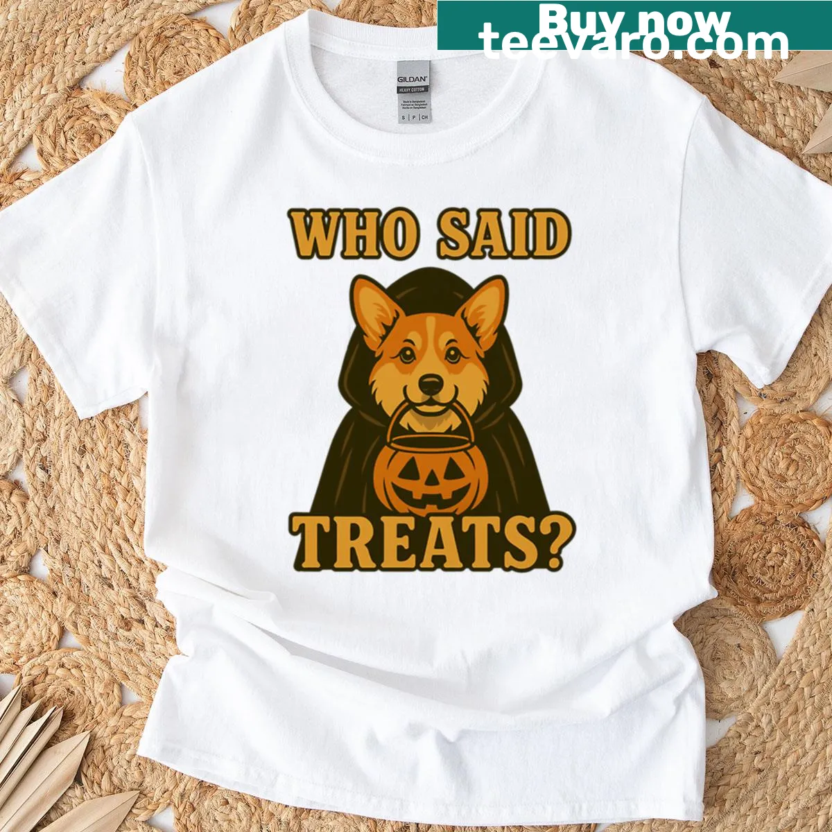 Corgi in a pumpkin witch costume for Halloween with playful text. — on a men's t-shirt