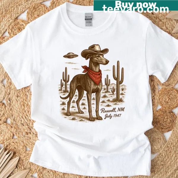 Vintage-style shirt with a cowboy dog and UFO in a desert scene