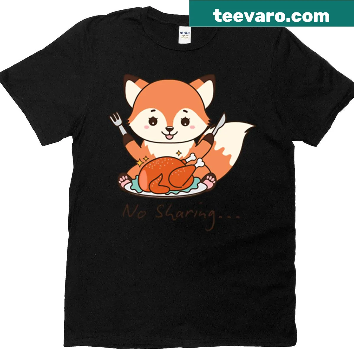 Oversized t-shirt with cute fox eating chicken and 'No Sharing' text. — on a men's t-shirt