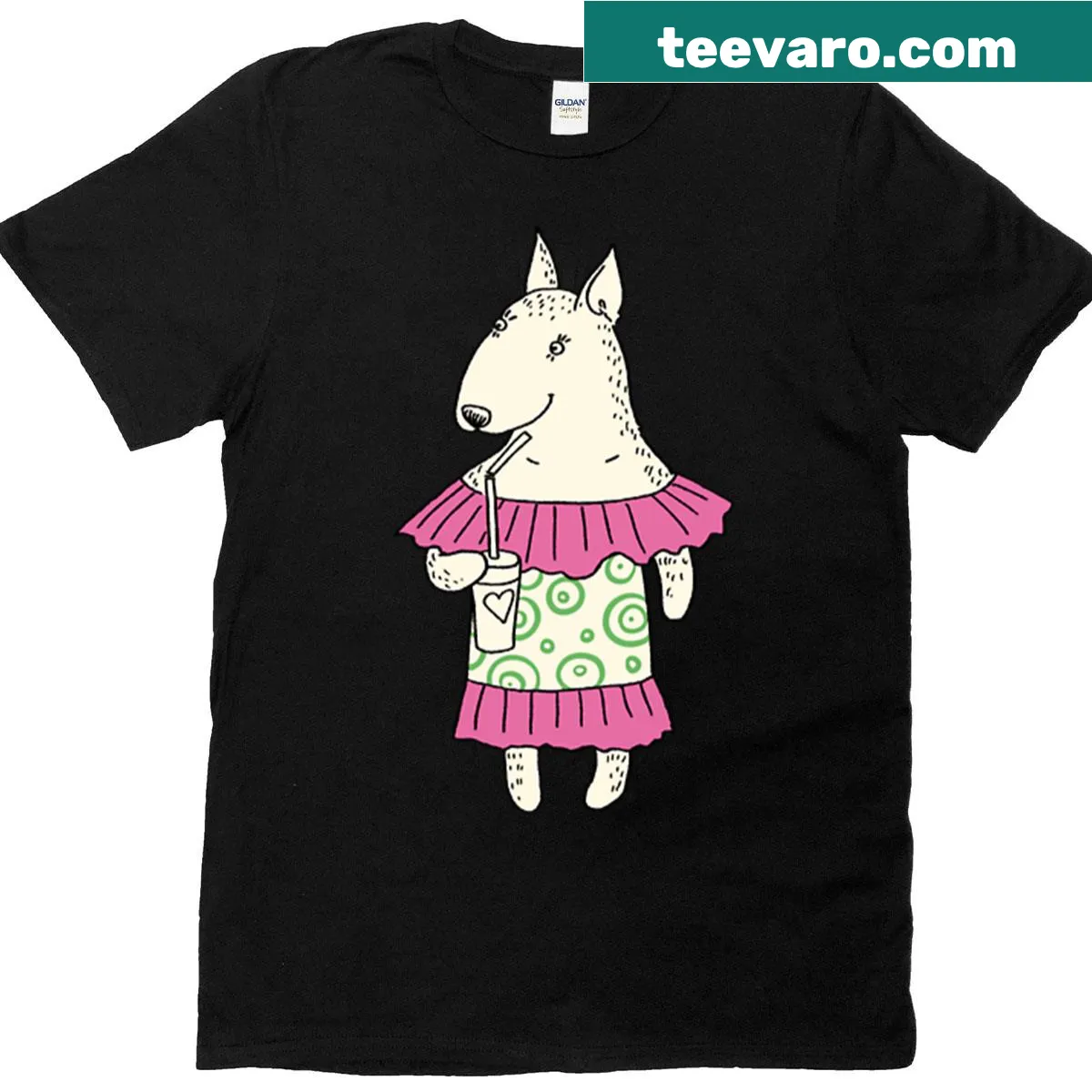 Oversized t-shirt with Bull Terrier drinking soda illustration. — on a men's t-shirt
