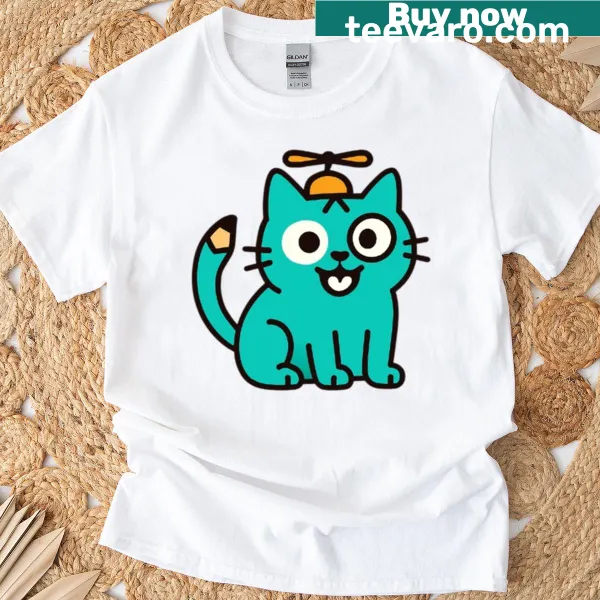 Cartoon cat wearing helicopter hat graphic T-shirt