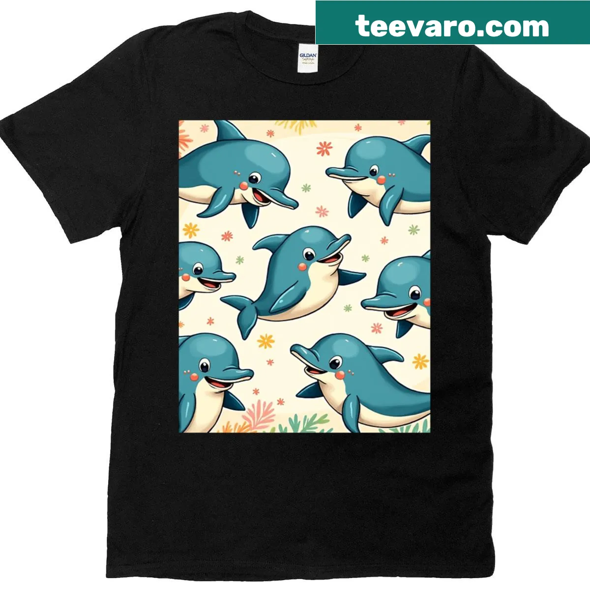 Cute cartoon dolphin pattern graphic T-shirt — on a men's t-shirt