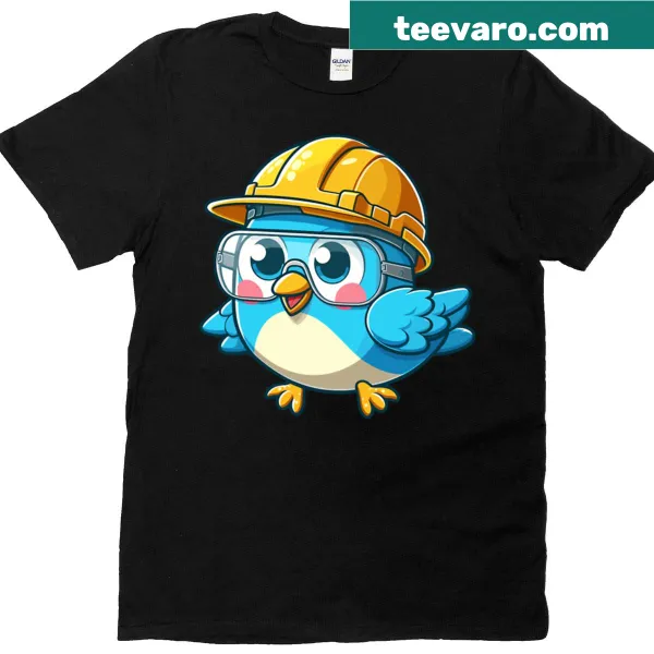 Oversized t-shirt with cartoon bird in hard hat and 'Safety First' text.