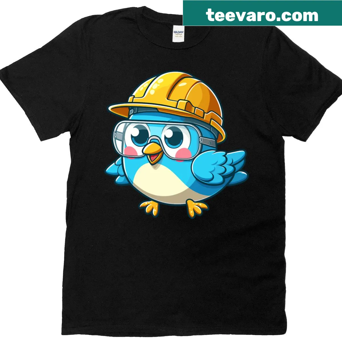 Oversized t-shirt with cartoon bird in hard hat and 'Safety First' text. — on a men's t-shirt