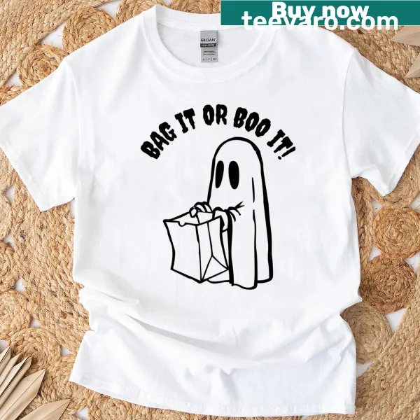 T-shirt featuring a friendly ghost with a trick-or-treat bag
