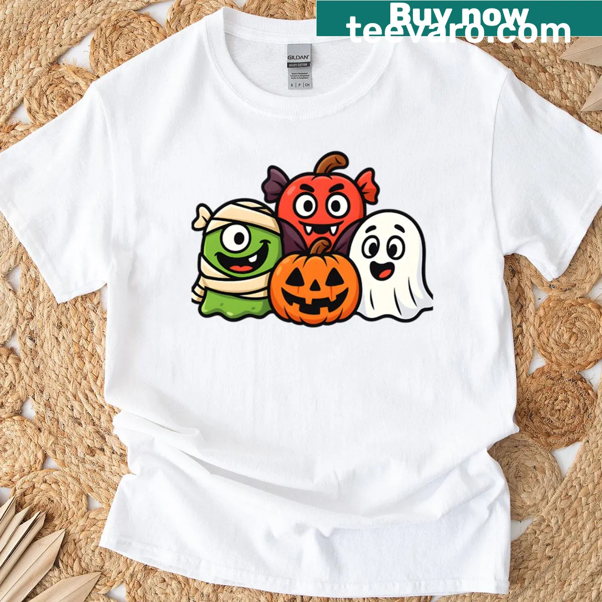 Halloween t-shirt featuring a cute candy monster and friends — on a men's t-shirt