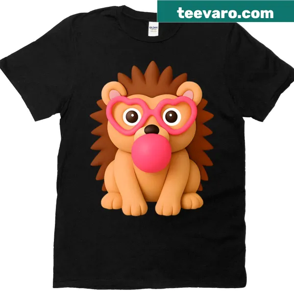 Cute hedgehog T-shirt with pink glasses and bubble design