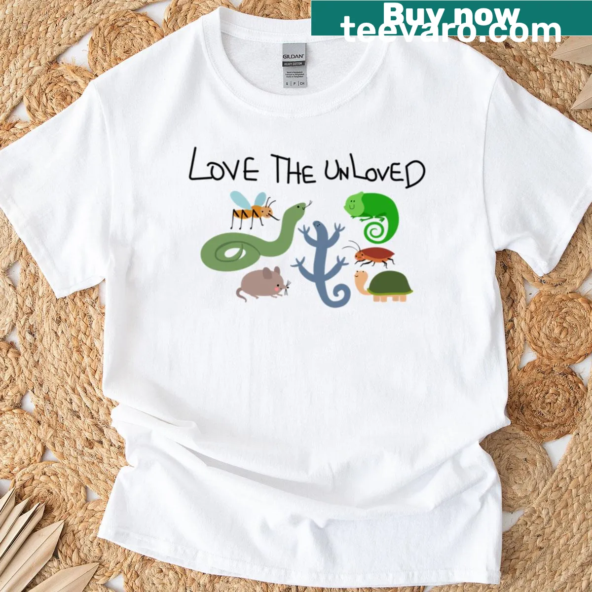Cute shirt with the phrase 'Love The Unloved' alongside illustrations of a bug, rat, and snake. — on a men's t-shirt