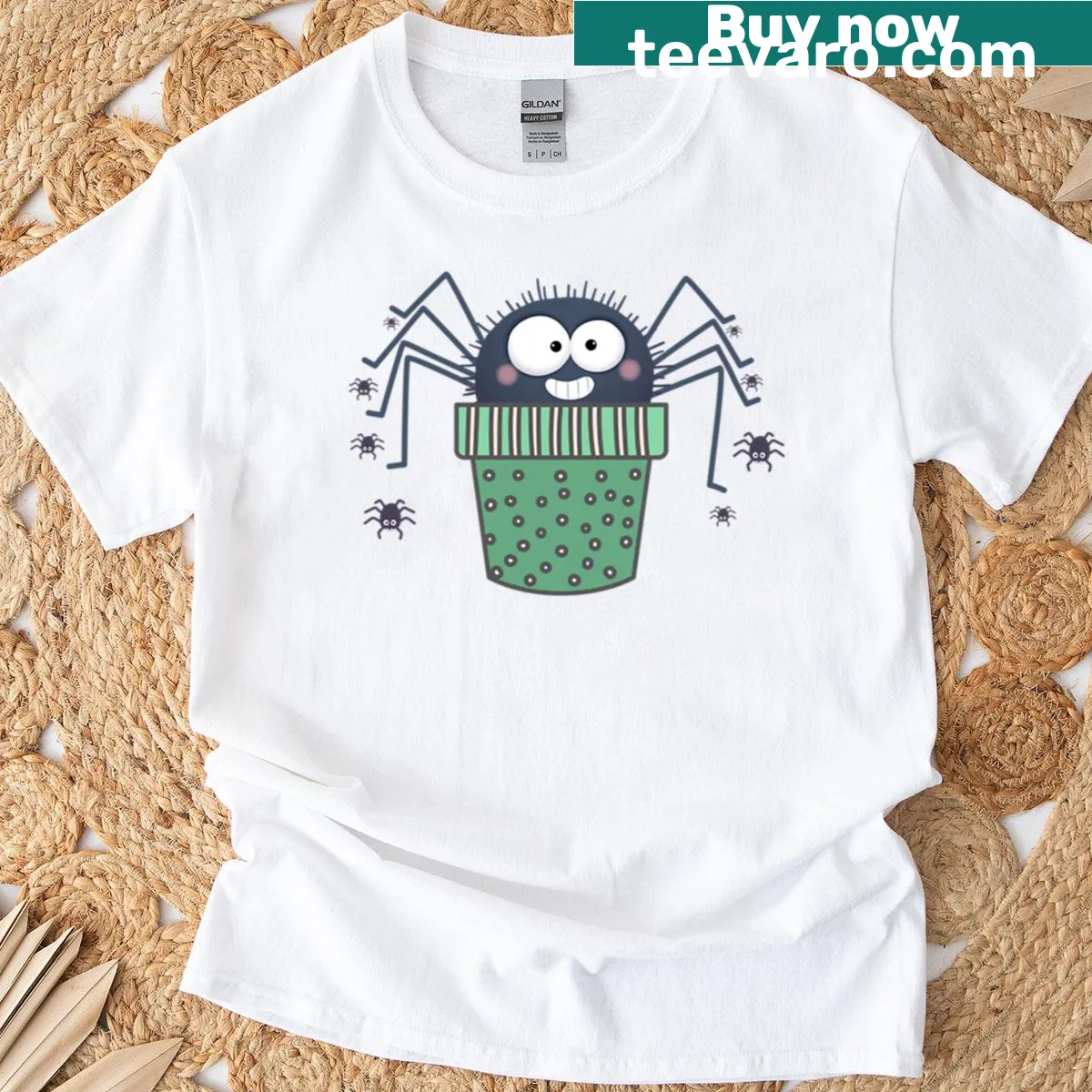 Illustration of a cute spider plant with spider babies on a t-shirt — on a men's t-shirt