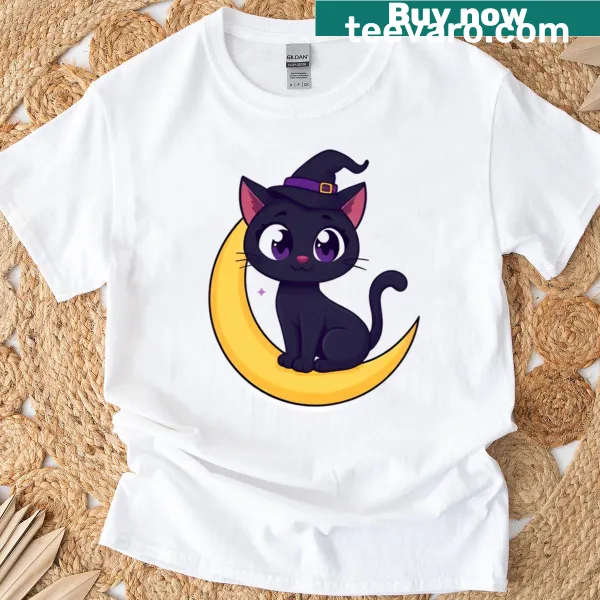 Oversized t-shirt featuring a black cat on a crescent moon for Halloween.