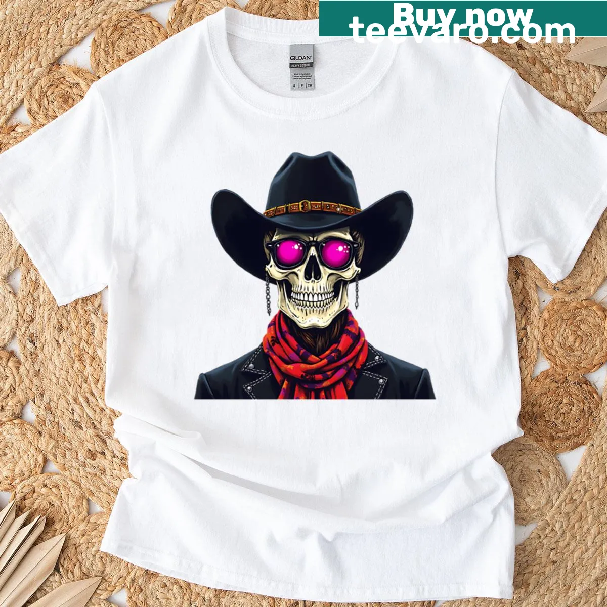 Cartoon skull cowboy against a cyberpunk background on a t-shirt. — on a men's t-shirt