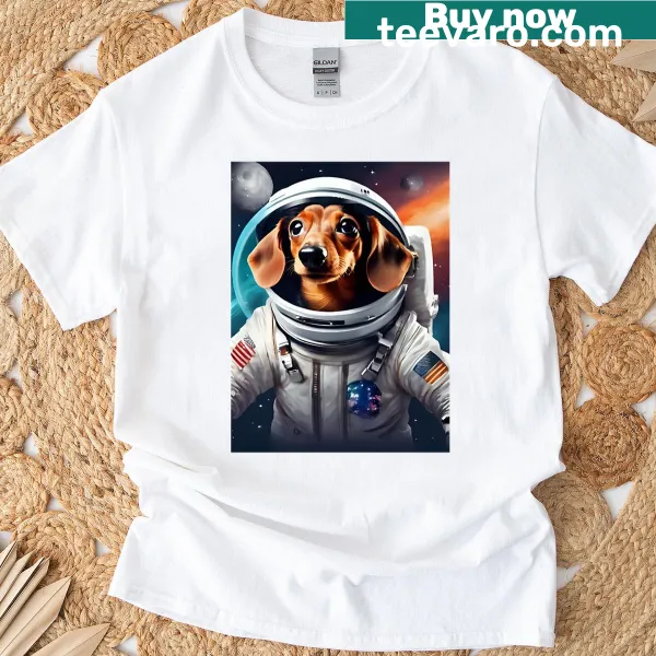 Dachshund in a spacesuit floating in space with stars and planets