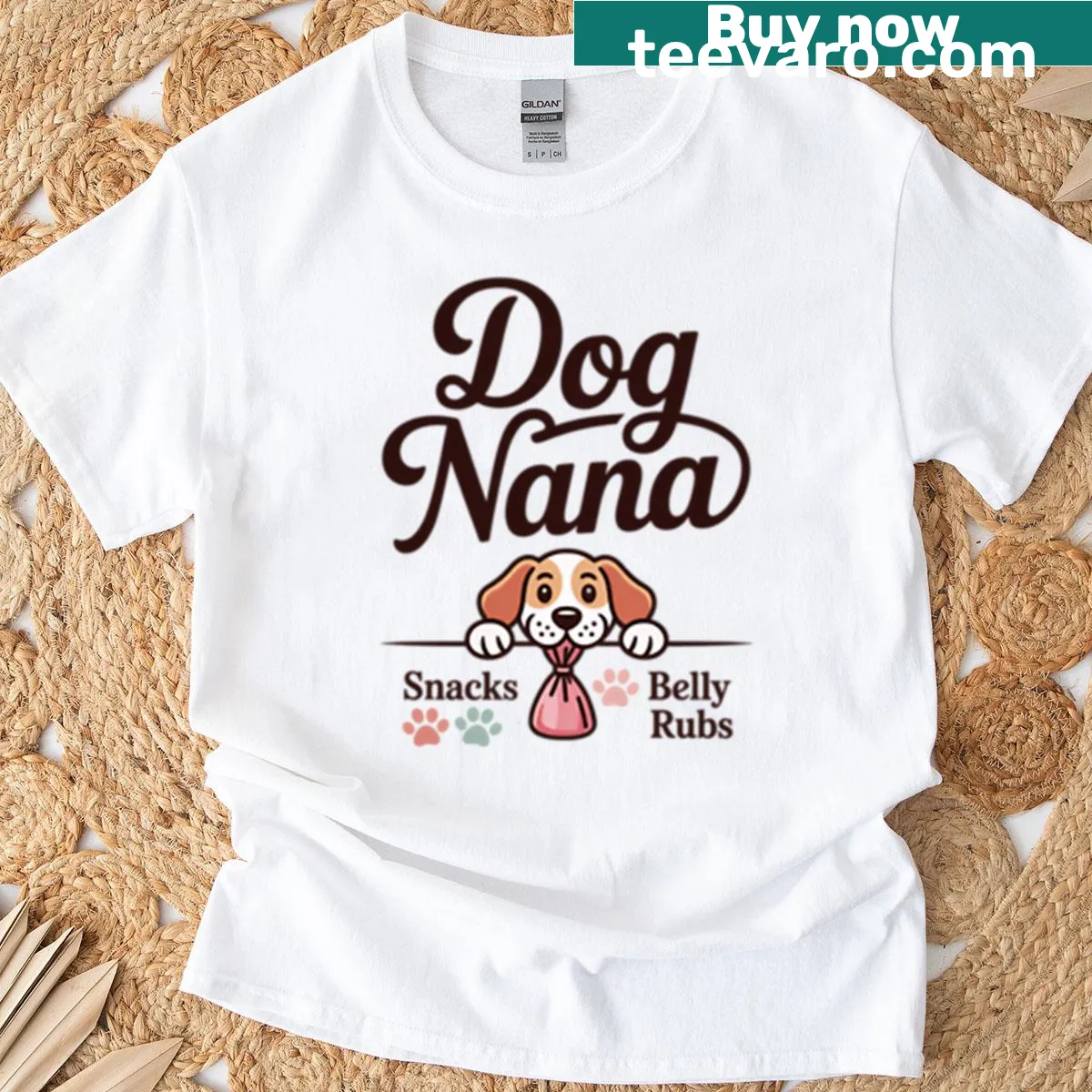 Humorous Dog Nana t-shirt with text design about snacks and belly rubs — on a men's t-shirt