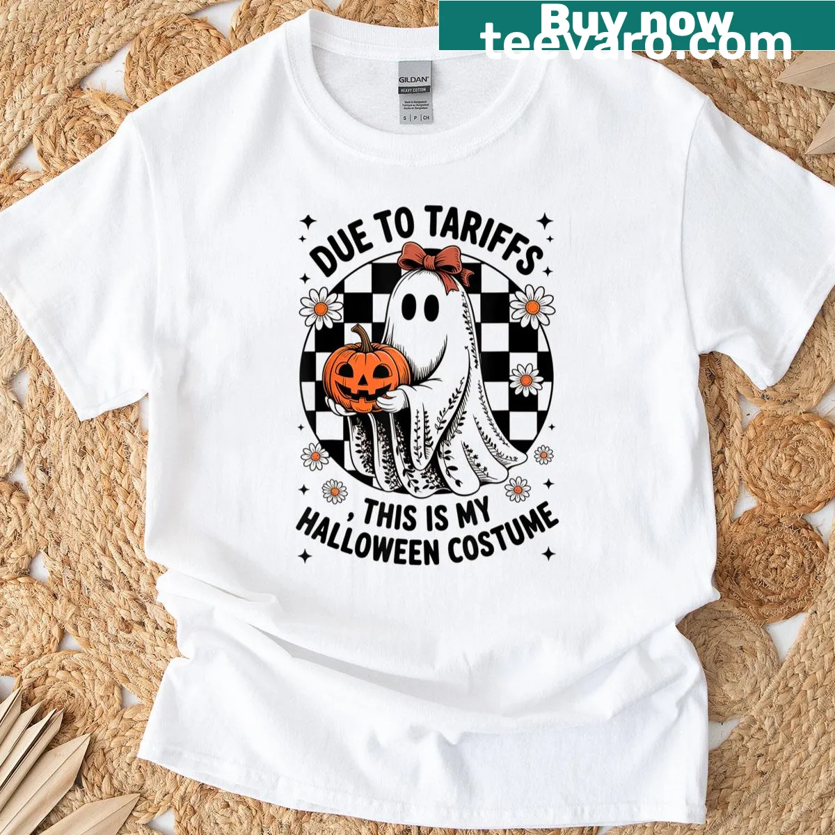 T-shirt with humorous 'Due To Tariffs This Is My Halloween Costume' text — on a men's t-shirt