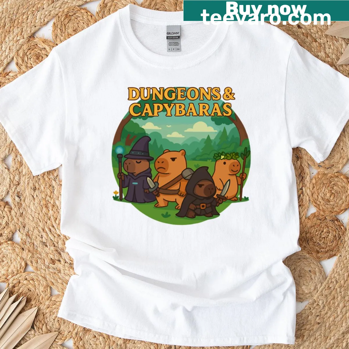 Whimsical Dungeons-themed design featuring capybaras in an adventure setting. — on a men's t-shirt