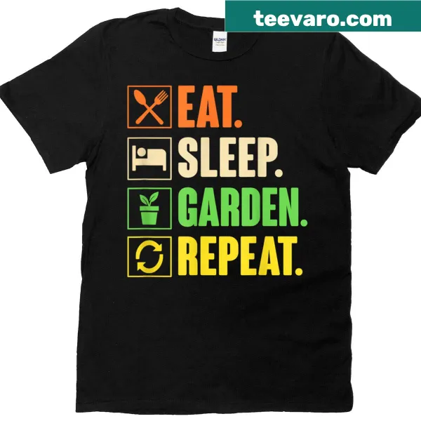 T-shirt with the slogan 'Eat Sleep Garden Repeat' designed for garden lovers