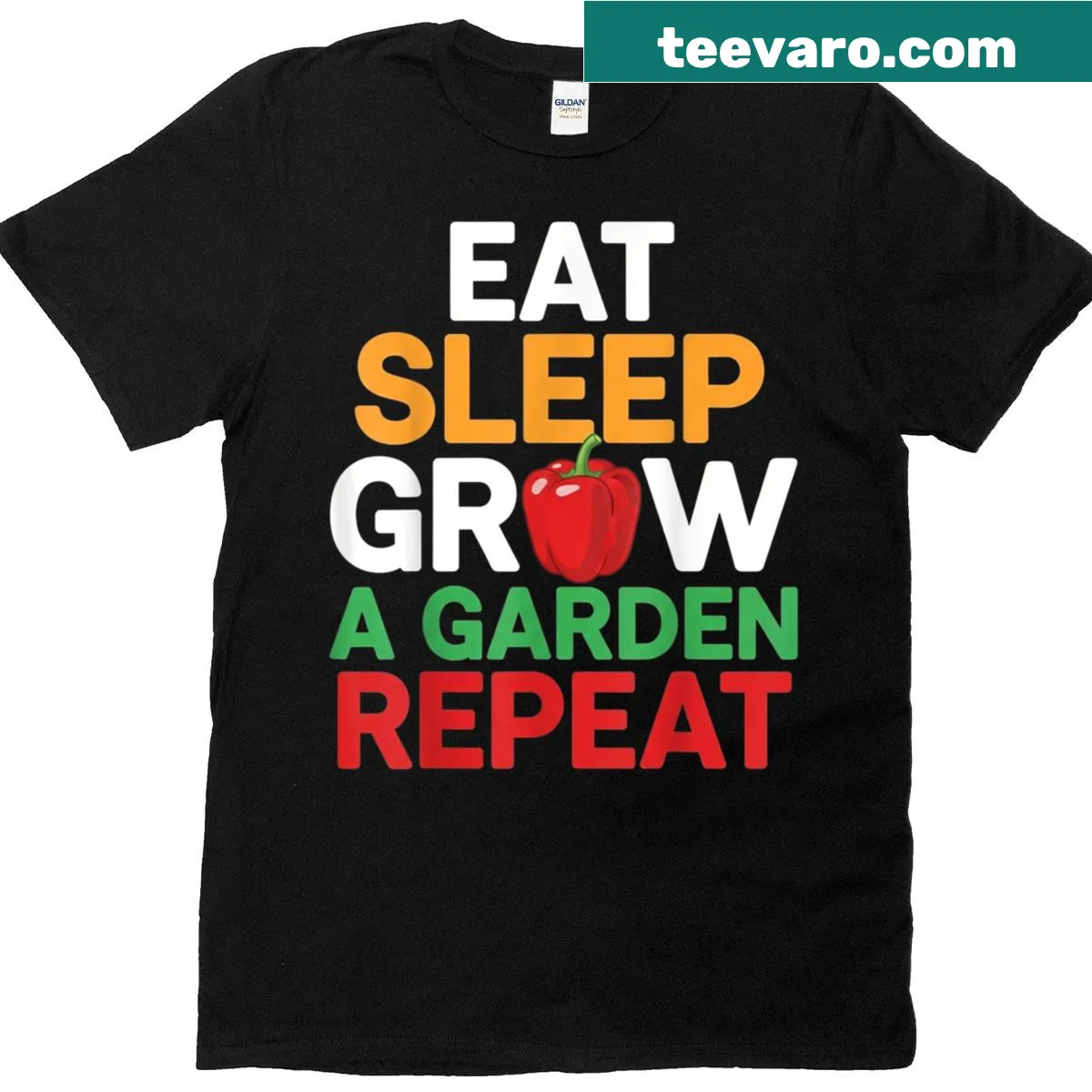 T-shirt displaying the phrase 'Eat Sleep Grow A Garden Repeat' in a fun design — on a men's t-shirt