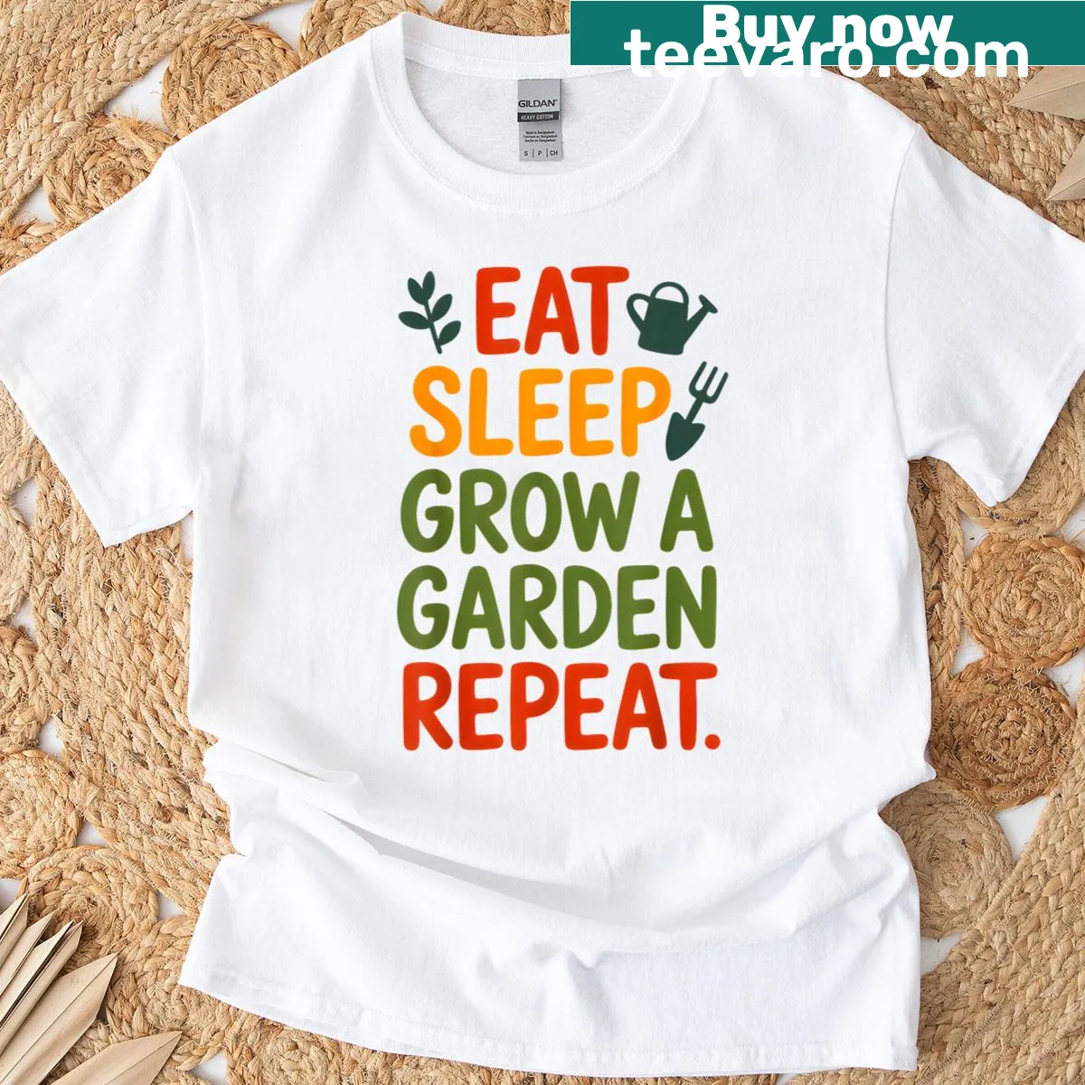 Retro gardening T-shirt featuring 'Eat Sleep Grow A Garden Repeat' phrase. — on a men's t-shirt