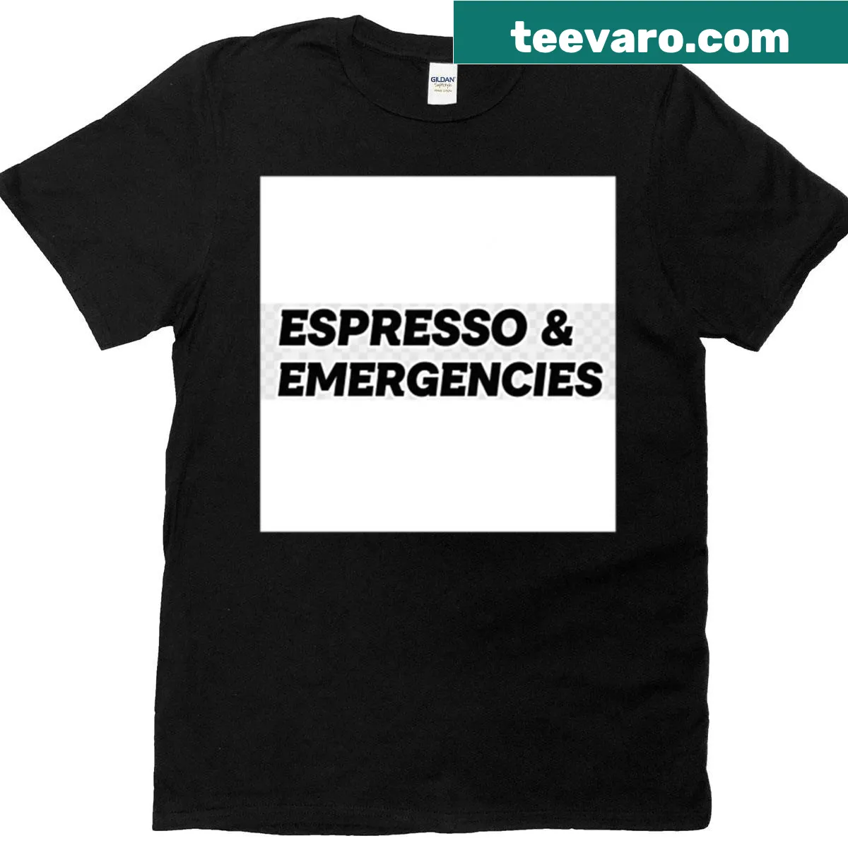 Humorous t-shirt about espresso emergencies, featuring playful coffee graphics. — on a men's t-shirt