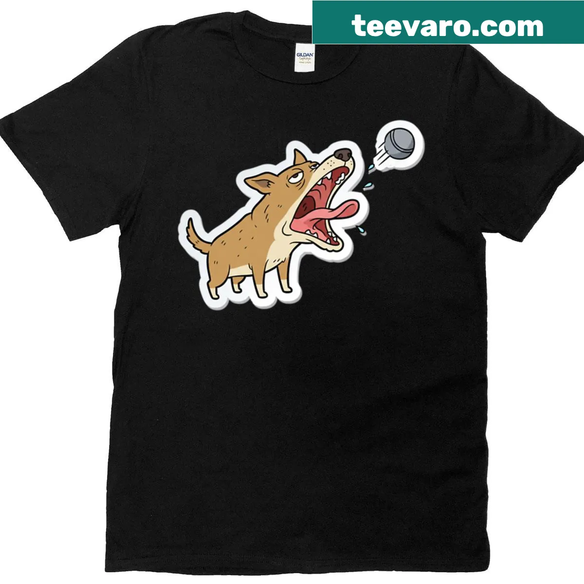 T-shirt depicting an exhausted dog catching a ball — on a men's t-shirt
