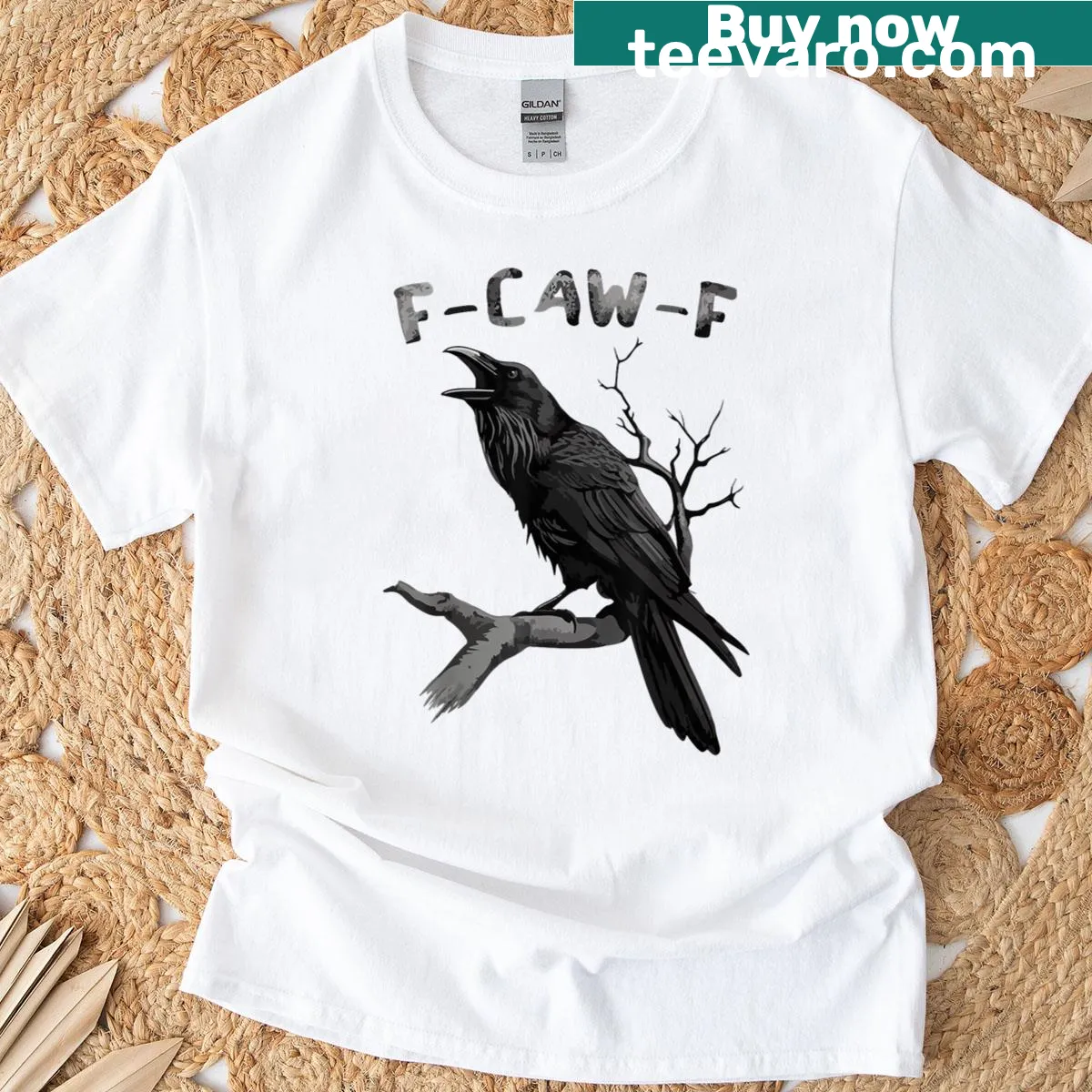 Vintage style T-shirt with a black raven and the phrase 'F-caw-f' — on a men's t-shirt