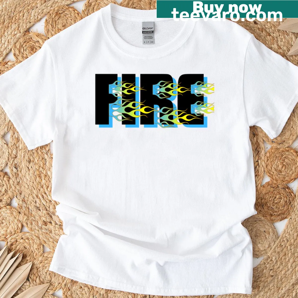 Bold text design T-shirt with the phrase 'Fire Blue' — on a men's t-shirt