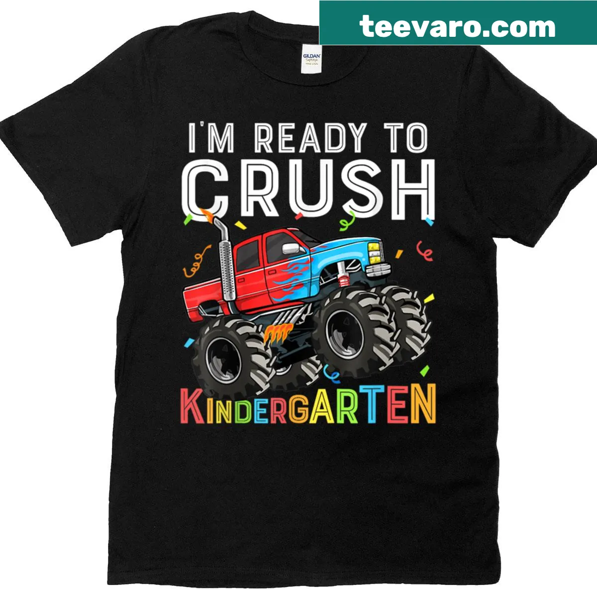 Illustrated monster truck T-shirt for kids ready for kindergarten — on a men's t-shirt