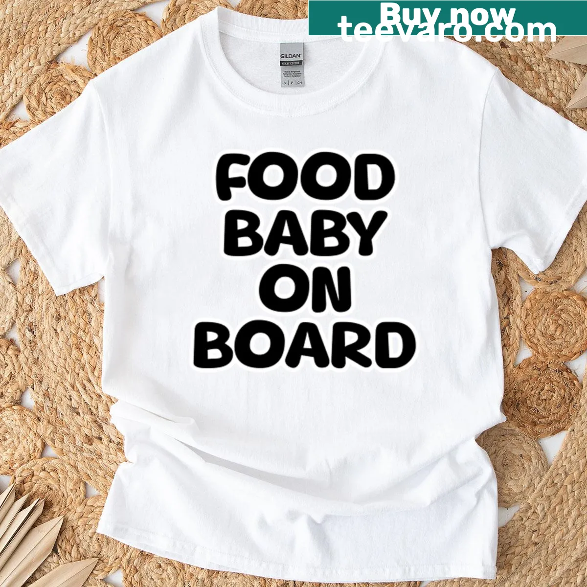 Humorous T-shirt with the phrase 'Food Baby On Board' and food illustrations — on a men's t-shirt