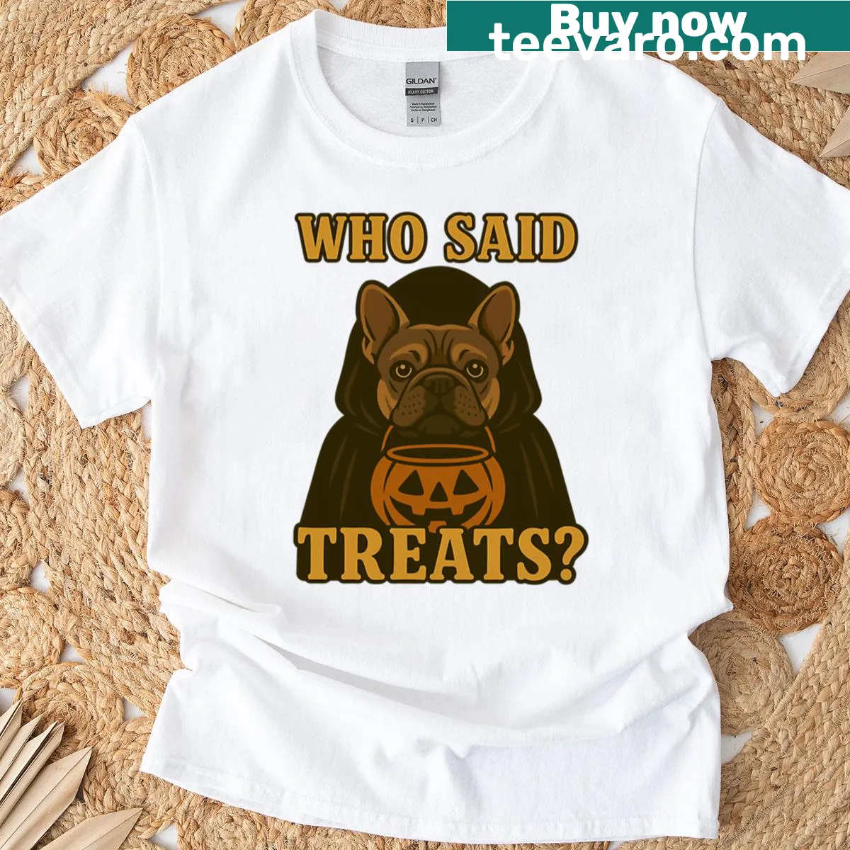 Cute Halloween T-shirt with French Bulldog in pumpkin witch costume. — on a men's t-shirt
