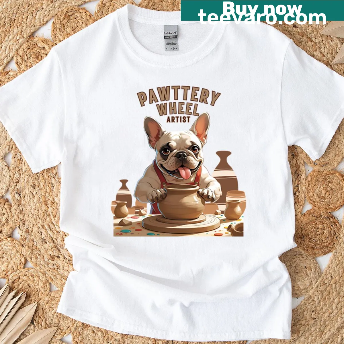 French Bulldog balancing on a pottery wheel with clay around it — on a men's t-shirt