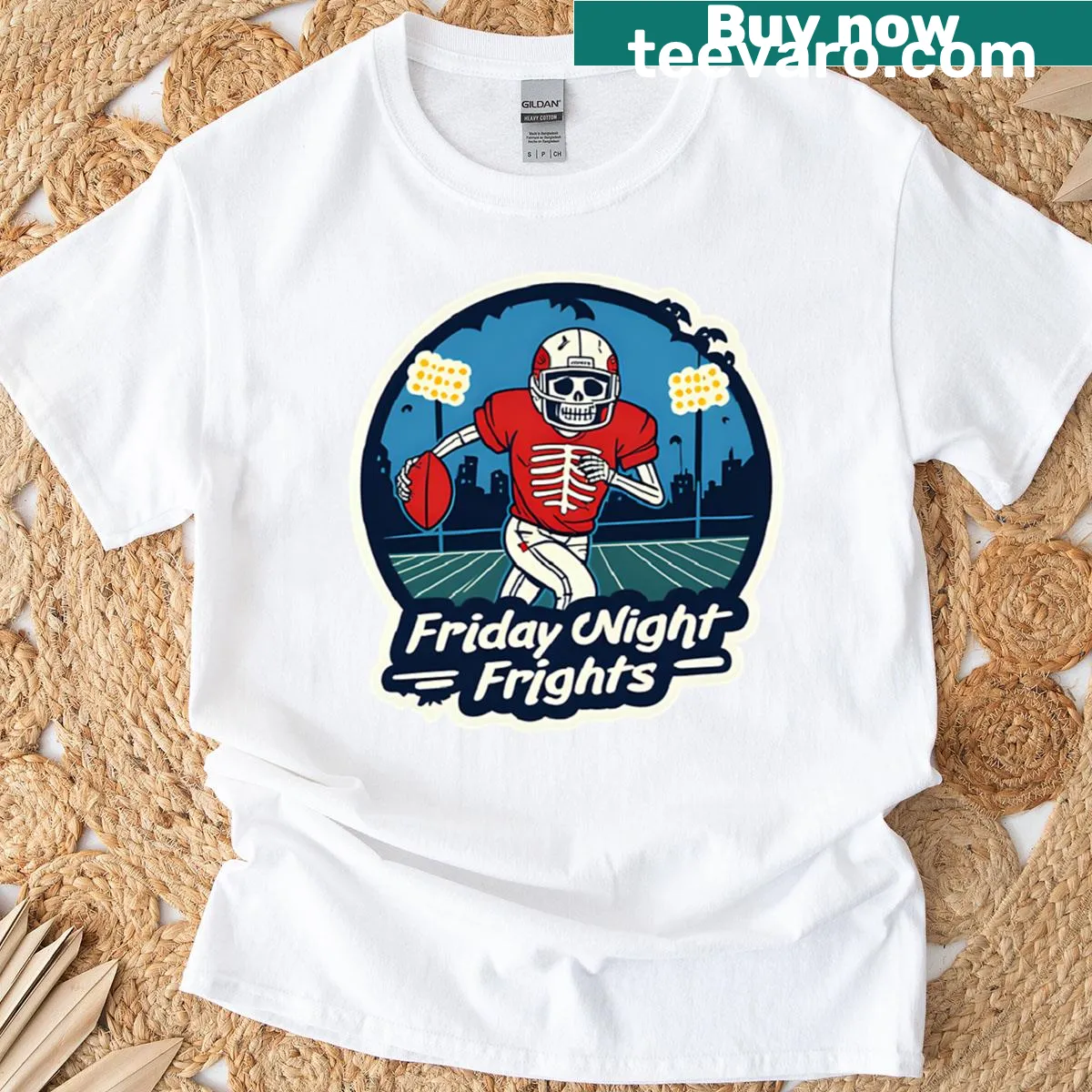 Skeleton football player in gear ready for action — on a men's t-shirt