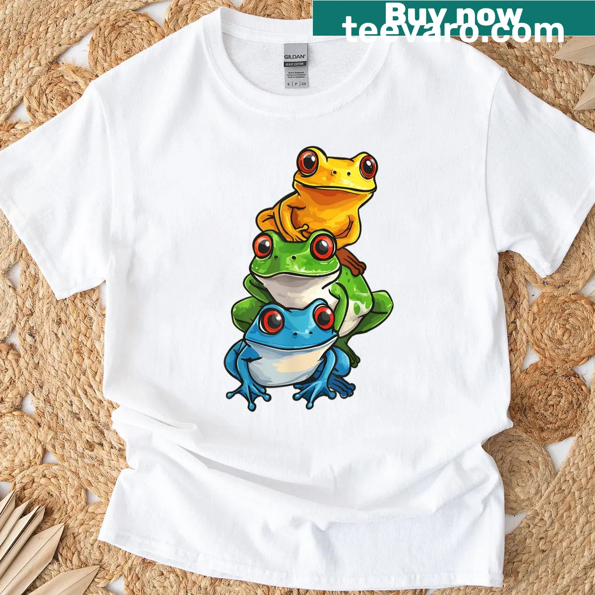 Adorable illustration of frogs piled together for a fun graphic — on a men's t-shirt