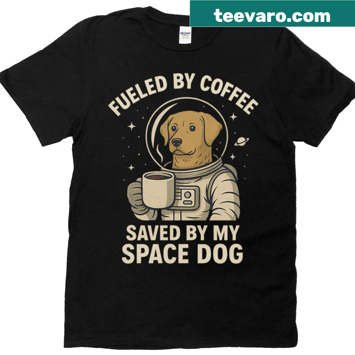 Illustration of a dog astronaut drinking coffee on T-shirt — on a men's t-shirt