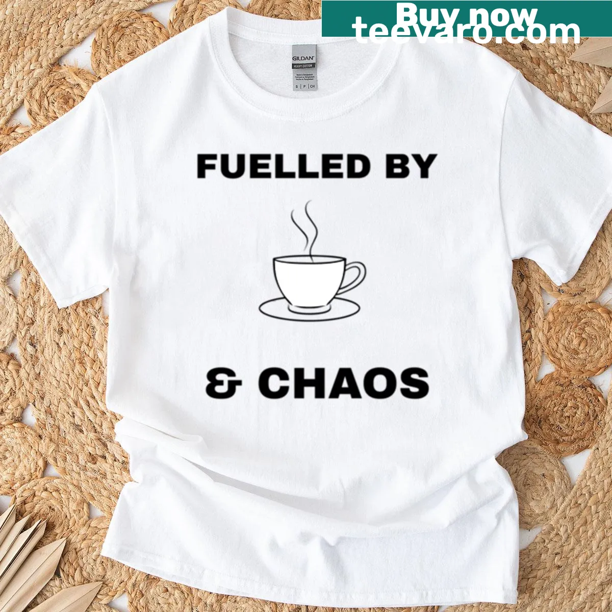 Text design saying Fuelled By Chai Chaos for tea lovers — on a men's t-shirt