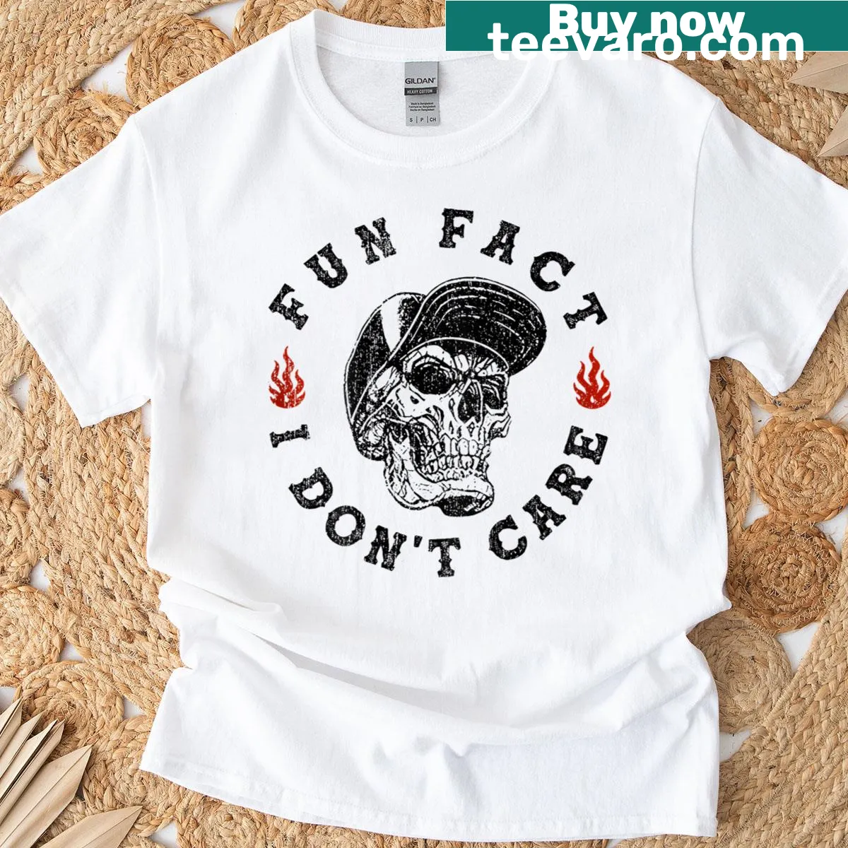 Sarcastic skeleton graphic on Fun Fact I Don't Care T-shirt — on a men's t-shirt