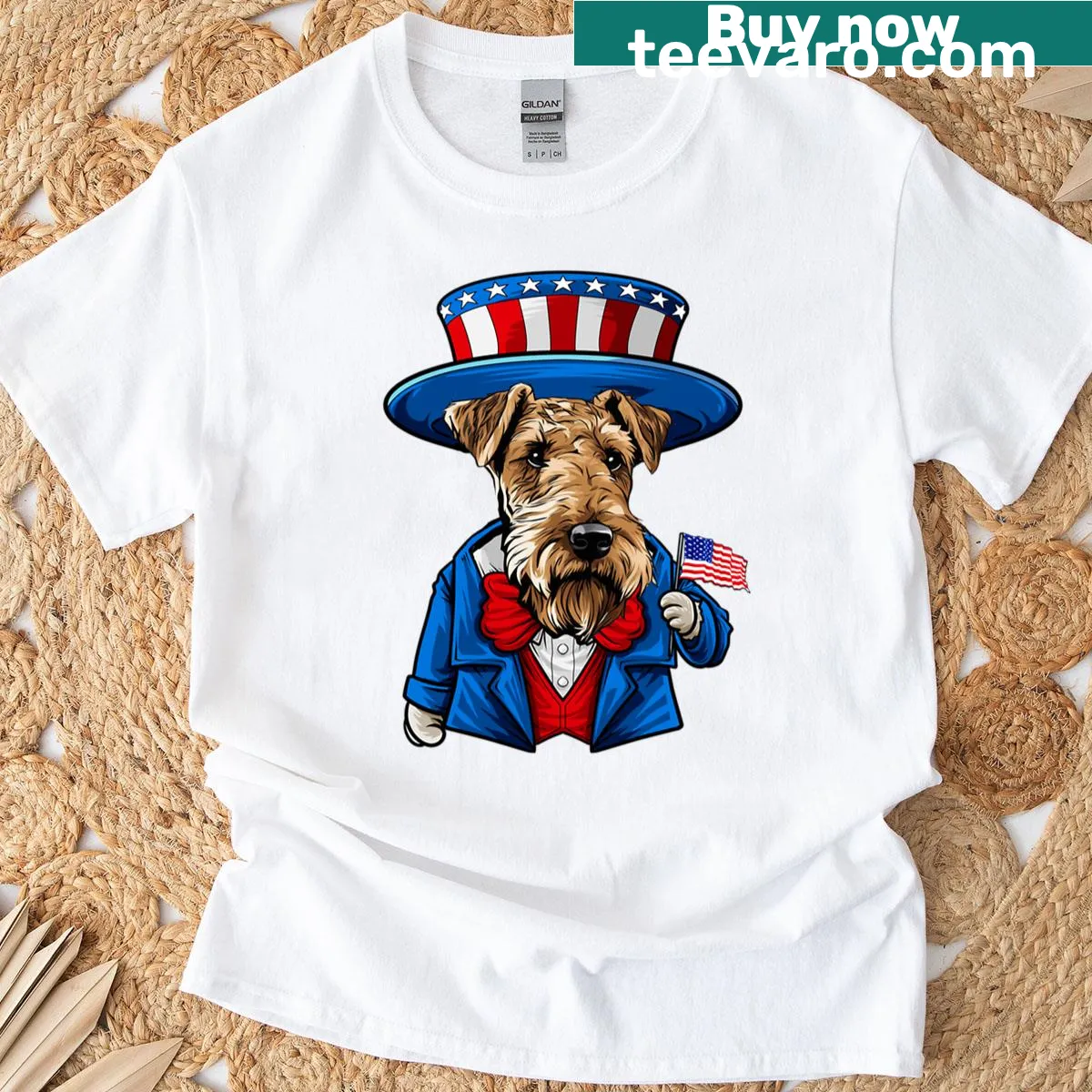 Humorous Airedale Terrier graphic on 4th Of July T-shirt — on a men's t-shirt
