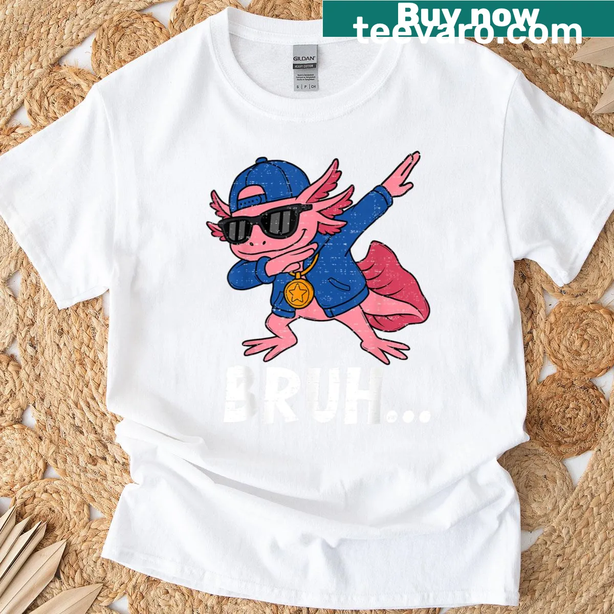 Cartoon dabbing axolotl graphic on humorous tee — on a men's t-shirt