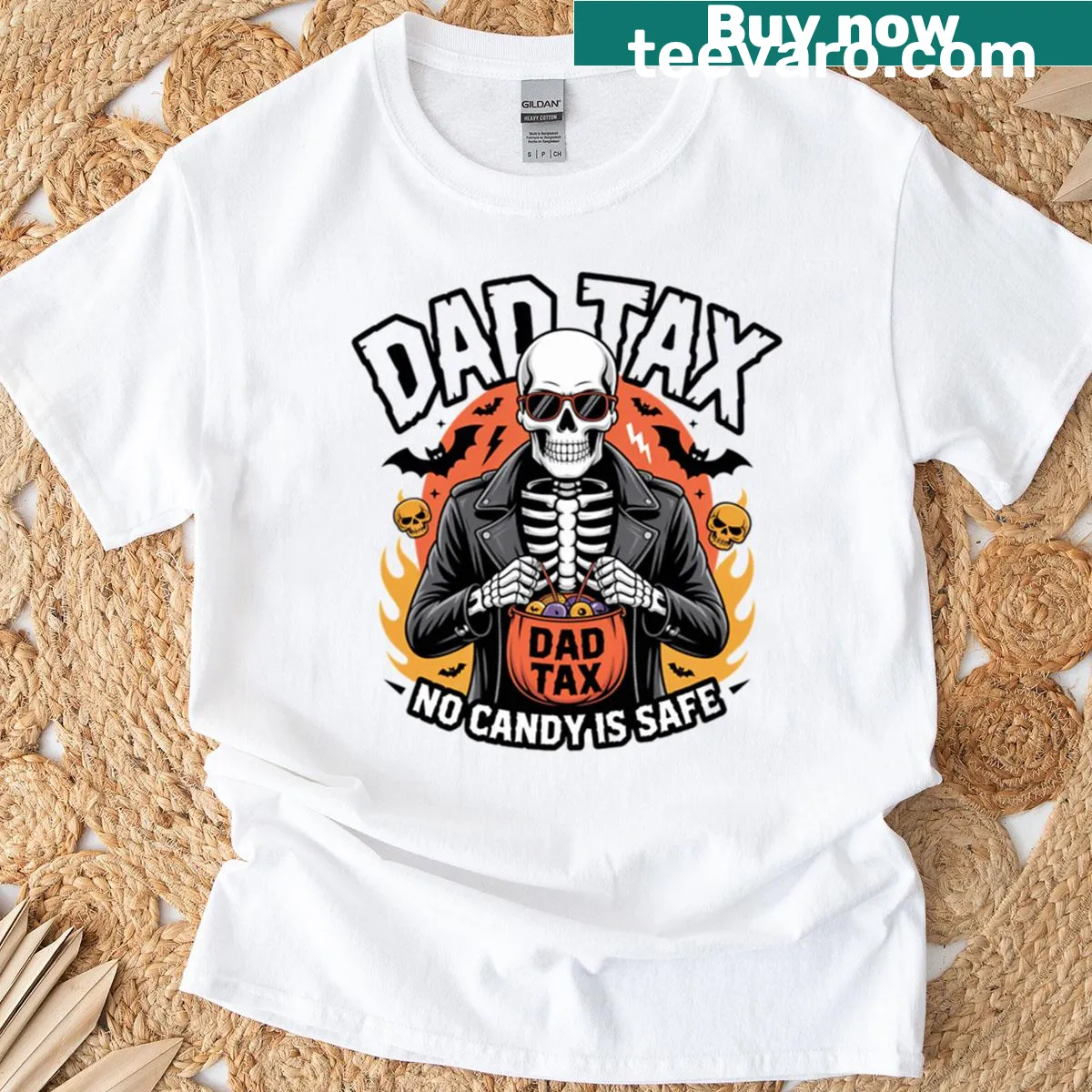 Halloween-themed skeleton dad graphic with humorous quote — on a men's t-shirt