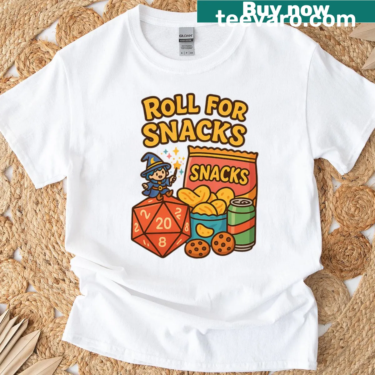 Cartoon DnD snack design with playful text, oversized fit — on a men's t-shirt