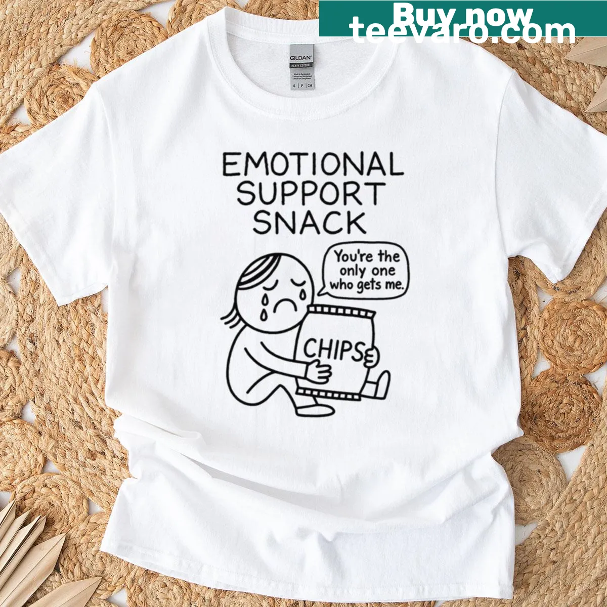 Crying cartoon hugging chips bag, emotional support snack design — on a men's t-shirt