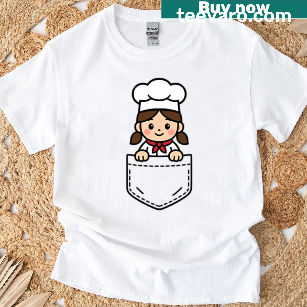 Cute cartoon chef t-shirt with pocket pal design for cooking lovers — on a men's t-shirt
